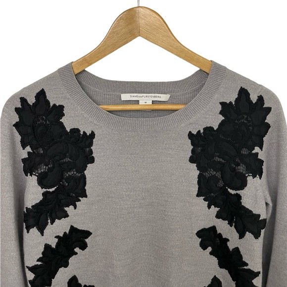 [m] DVF Sweater Doreen Fog & Black Floral Applique Pullover lace wool - Picture 3 of 8